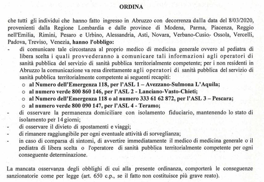 Ordinanza contenimento COVID Abruzzo 08 marzo 2020